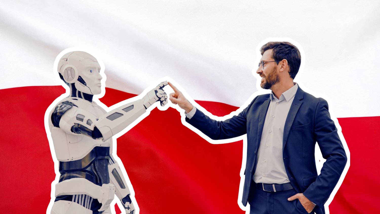Cyfrowa rewolucja w Polsce za 100 mld zł rocznie. Rząd odsłania szczegóły nowej strategii Człowiek z robotem na tle flagi Polski. 5 proc. PKB na technologie. Polska chce być cyfrowym liderem Europy