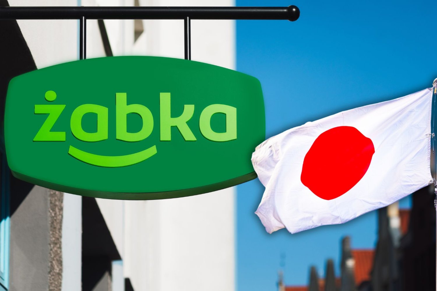 Japończycy pukają do Żabki. Akcje wystrzeliły w kilka godzin. Logo sklepu Żabka i flaga Japonii.