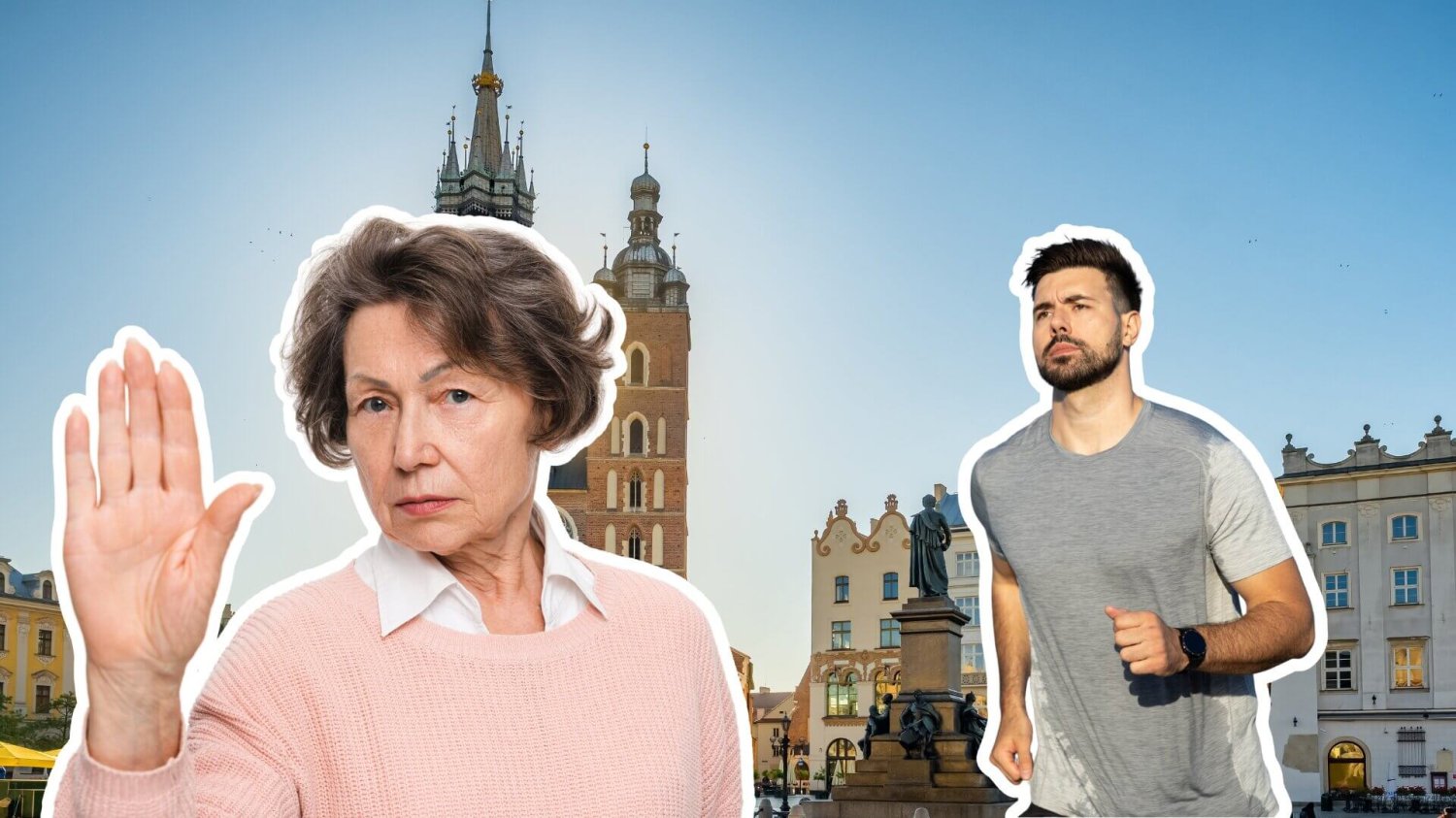 Zirytowana staruszka, biegacz, w tle Kraków