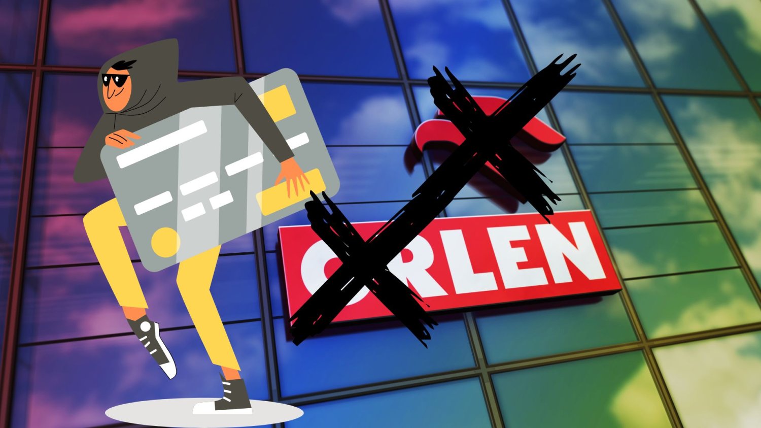Złodziej kradnący kartę płatniczą w tle przekreślone logo Orlen.