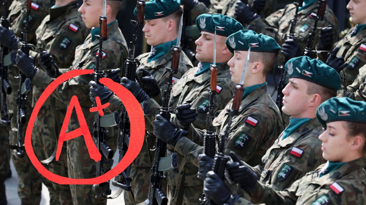 Żołnierze polscy stoją na baczność z karabinami.