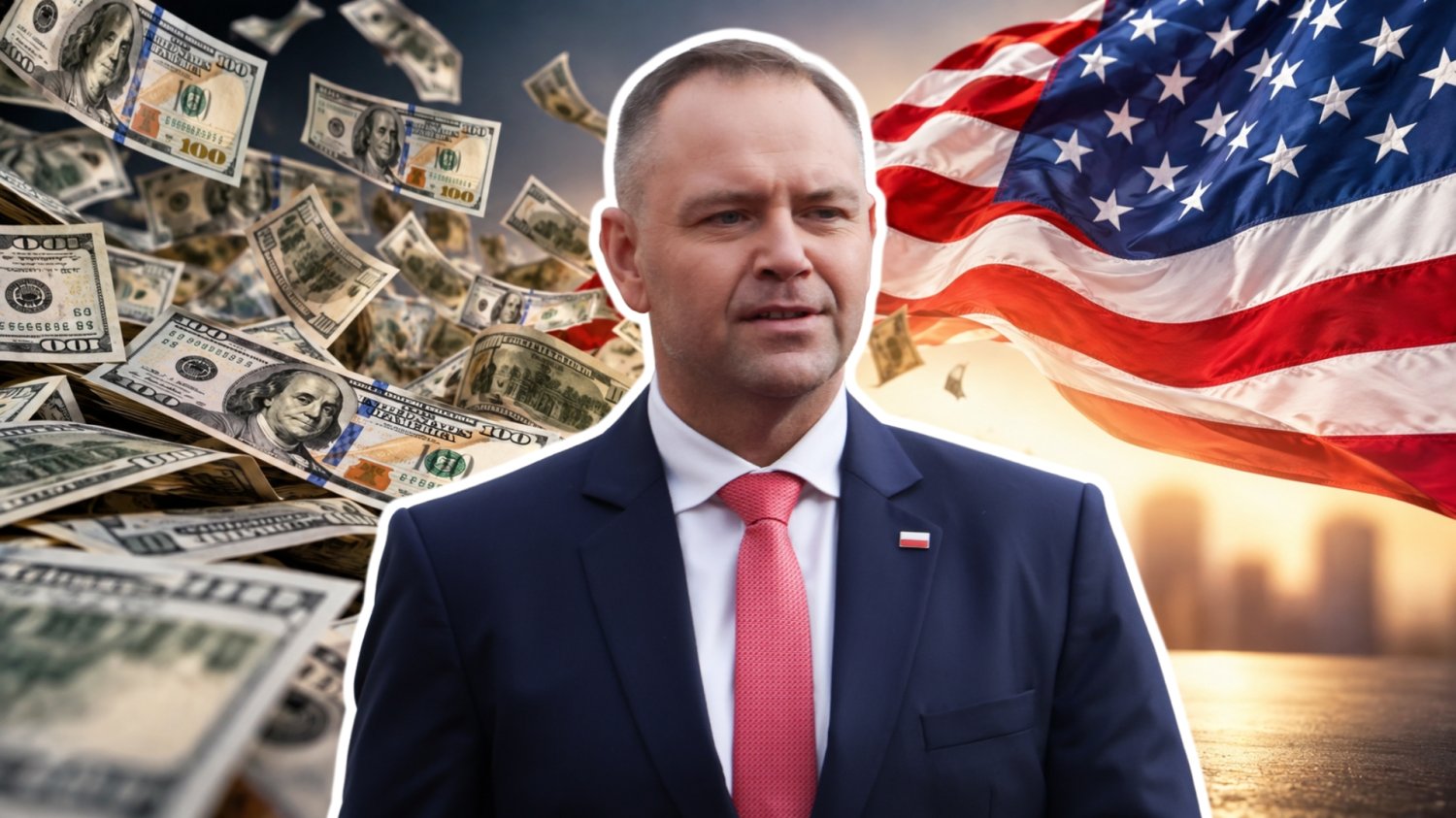 Karol Nawrocki. W tle flaga USA, rozsypane dolary.